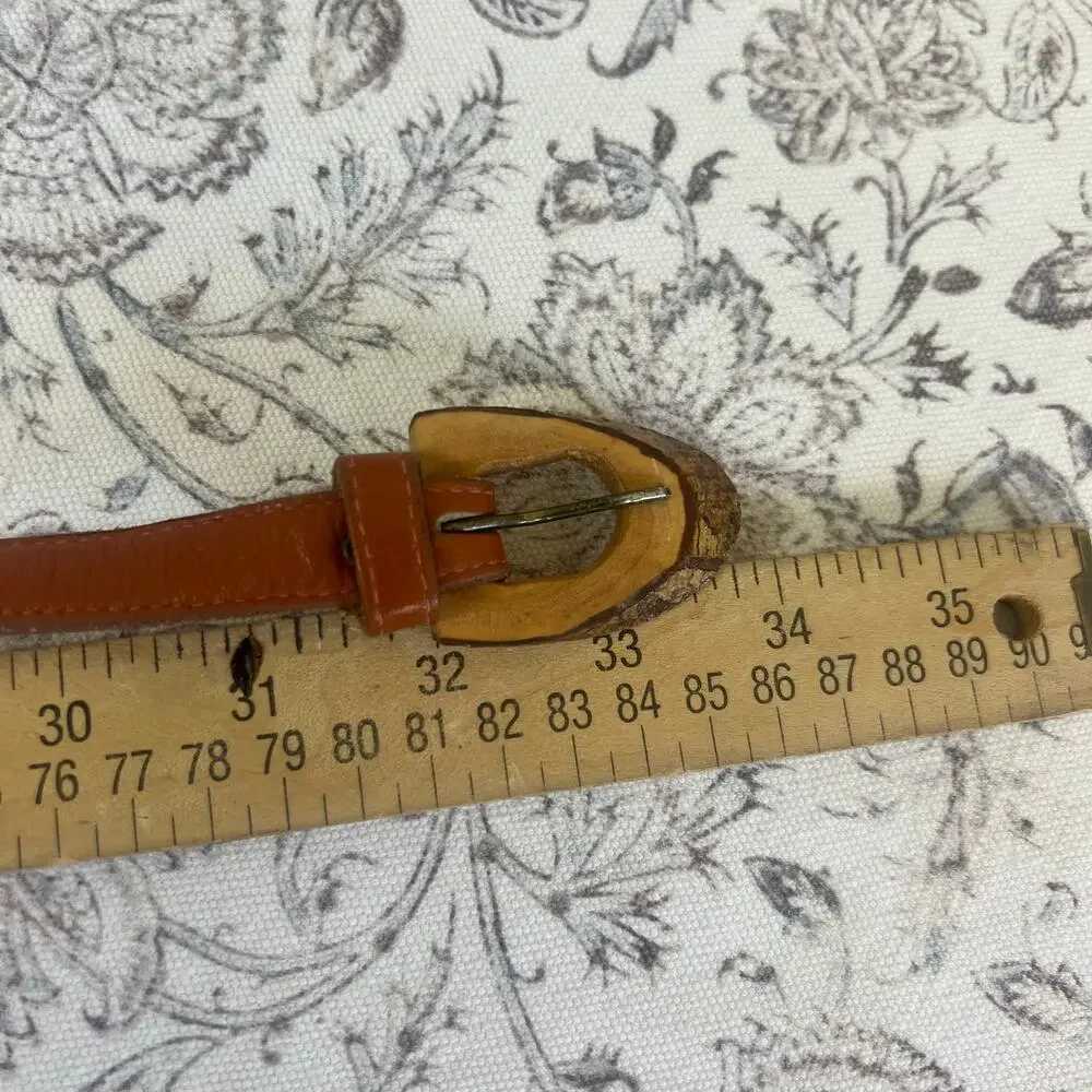 Leather Belt Vintage Brown Unique Raw Wooden Buckle thin 70s Cottage Core Sz 30